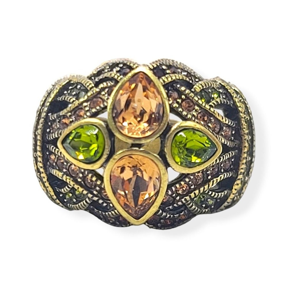 Heidi Daus Art Deco Statement Ring Sz 11.5 Swarovski Crystal Topaz Olivine